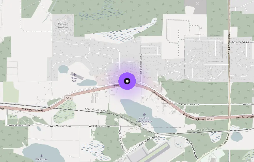 Map: High-Mark Cannabis at 3807 W Machen Rd, just off the Parks Highway in Wasilla
